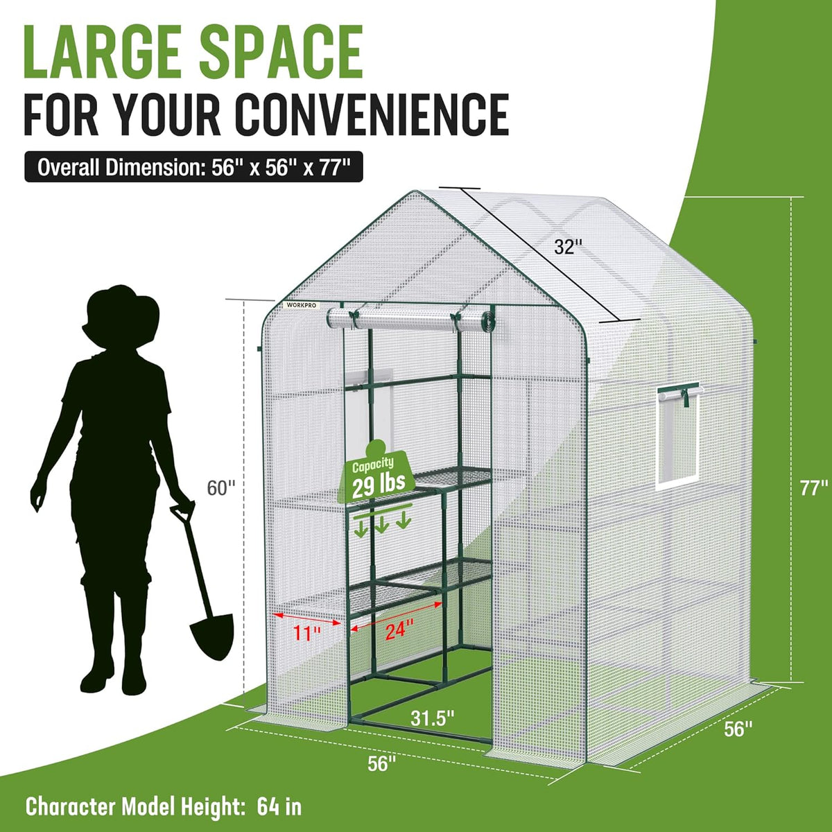 WORKPRO Greenhouse, 56” x 56” x 77” Heavy Duty Walk in Greenhouses for Outdoors with Screen