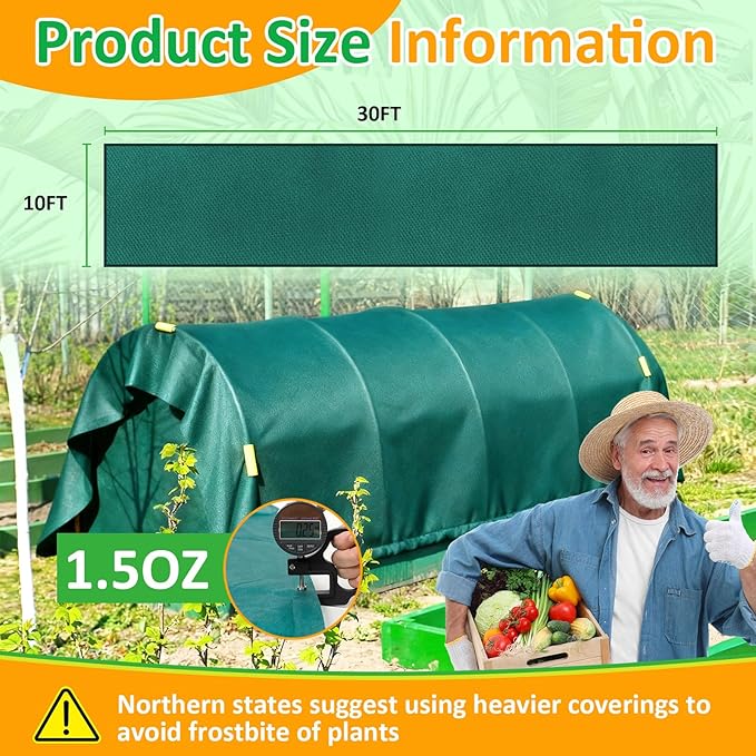 Green Plant Covers Freeze Protection, 10 x 30 ft - 1.5 oz/yd² Frost Cloths for Outdoor Plants, Tree