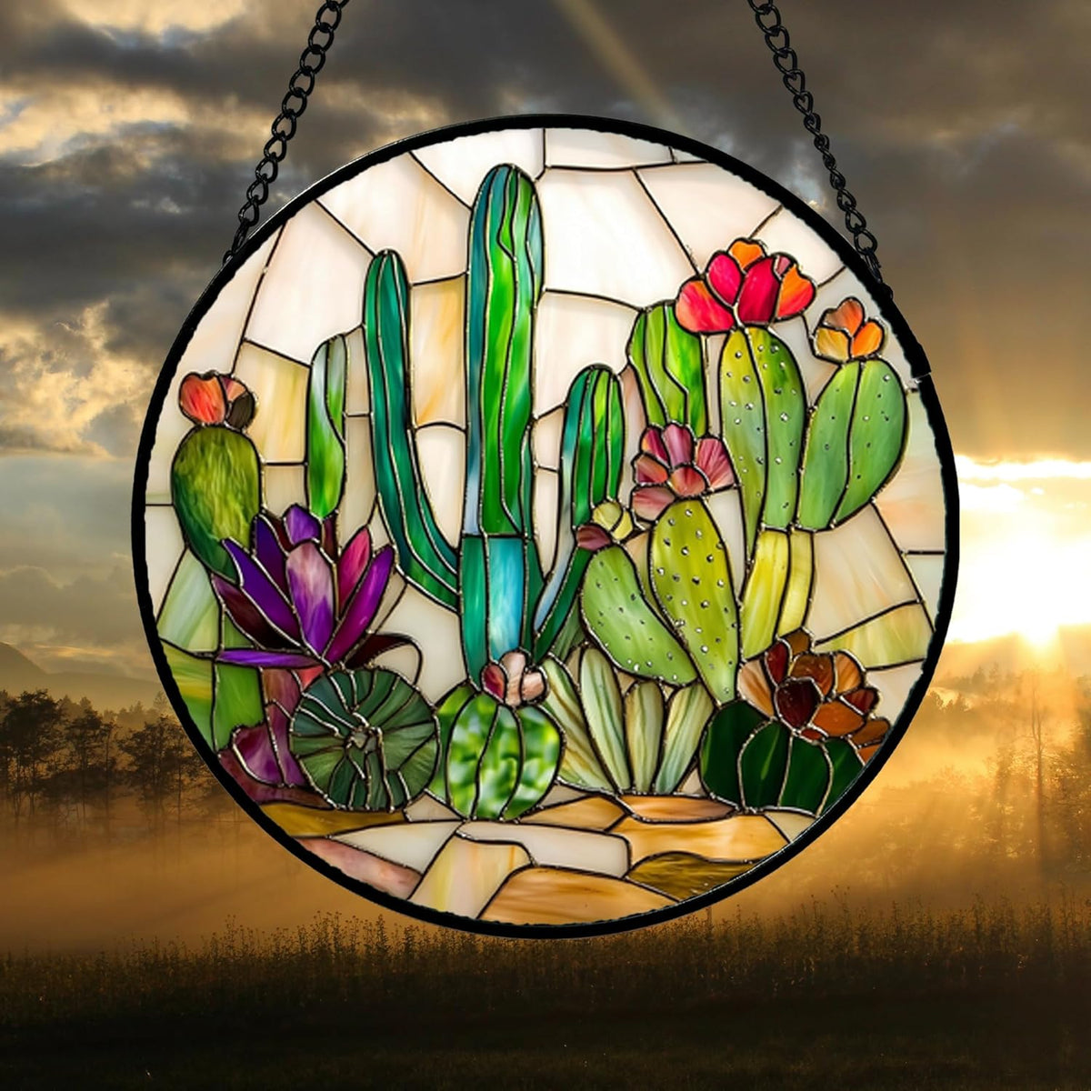 Stained Glass Window Hanging, White Green Cactus Suncatcher Diamond Glass Panel Hangings Sun