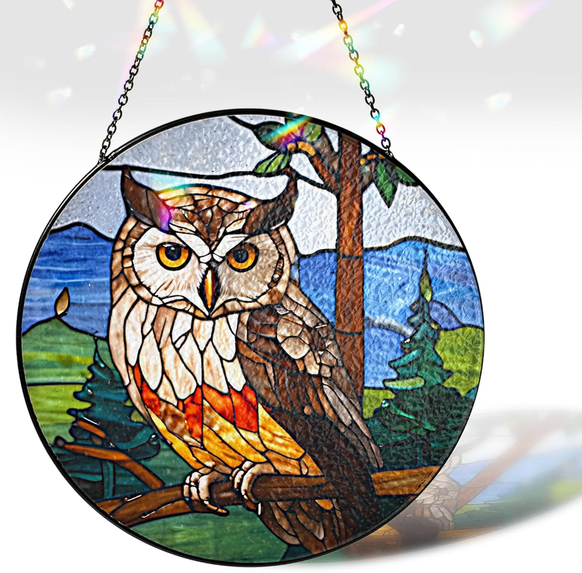 7.8" Owl Stained Glass Suncatchers Art Glass Wildlife Bird for Sun Catcher Indoor Window Gifts for