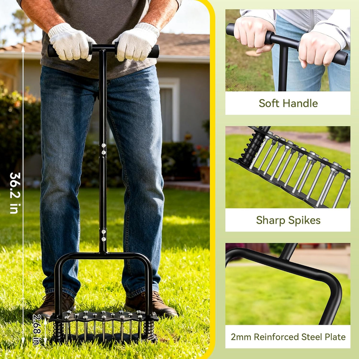 Upgraded Lawn Aerator Tool with 14 Steel Spikes, Hand Grass Aerator Spike Tool Manual Lawn Aerators
