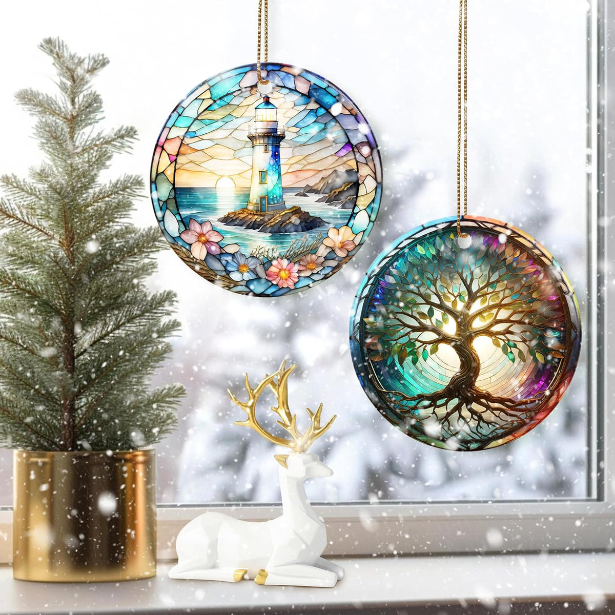 Colorful Ceramic Lighthouse Christmas Ornament for Tree, Holiday Decorations, Christmas Decor