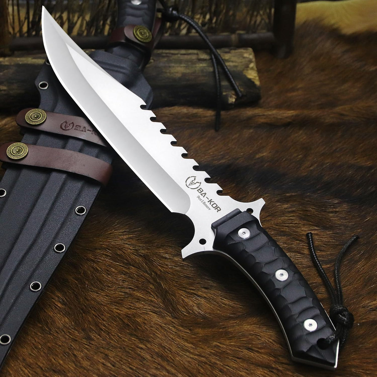 BA-KOR (15.8 inches) 5mm full Tang 9CR18MOV steel nylon fiber handle Bowie knife + sheath + (5.9