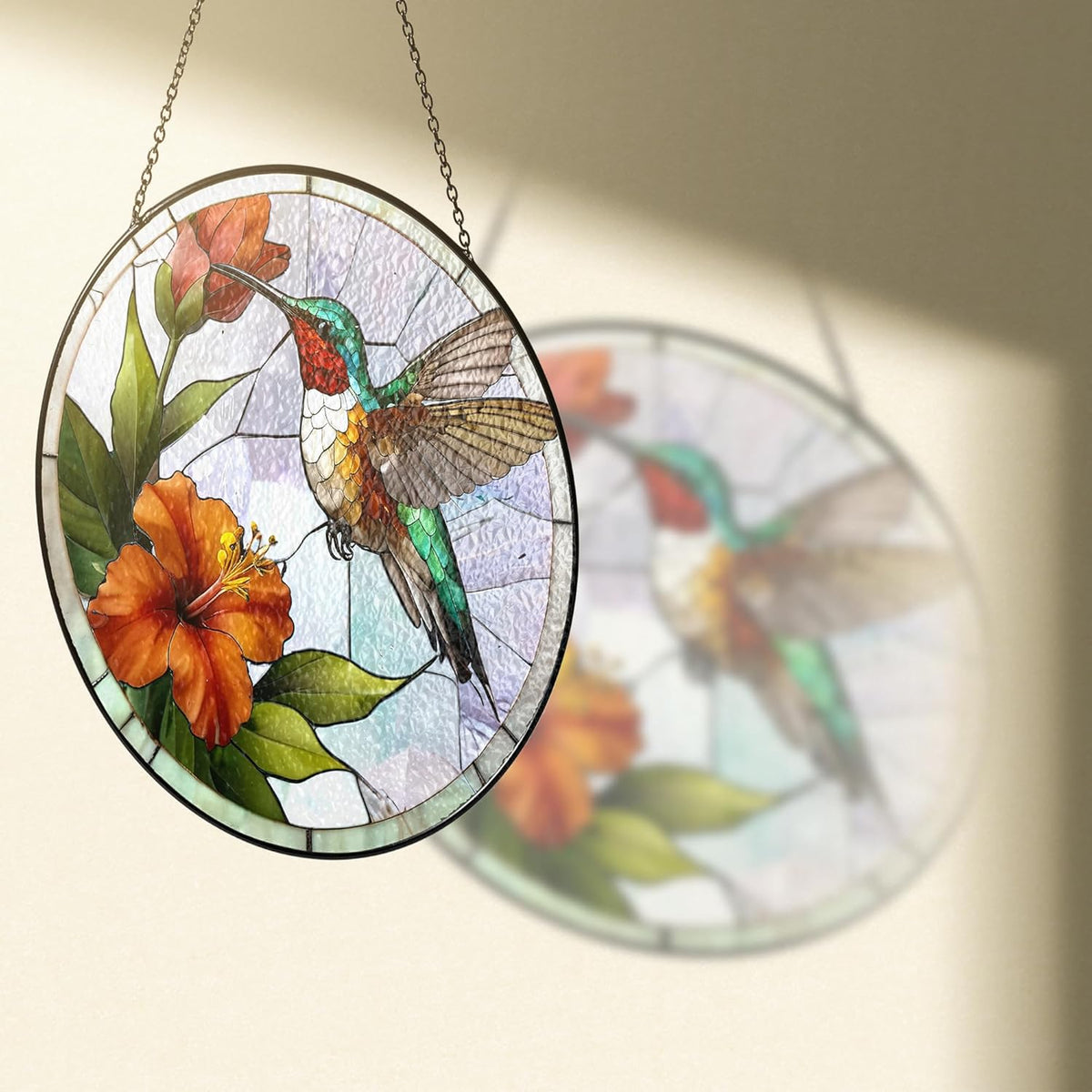 7.8" Green Hummingbird Stained Glass Suncatchers Art Glass Bird and Flowers for Sun Catcher Indoor