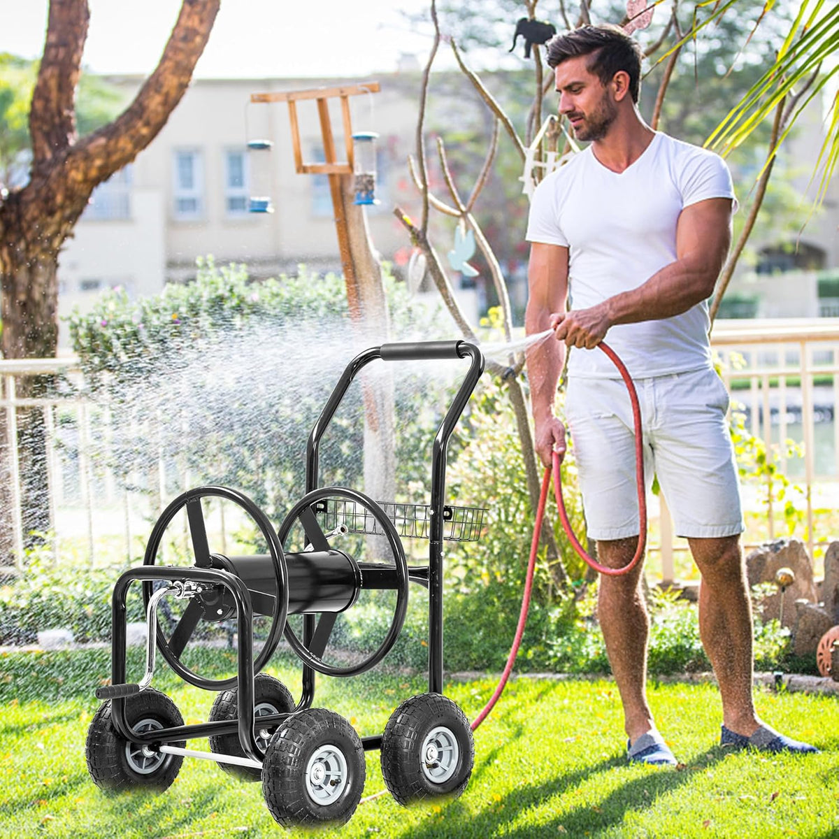 Hose Reel Hold Up To 300 Ft Heavy Duty Garden Hose Reel Sturdy Water Hose Reel Cart with 4 Wheels