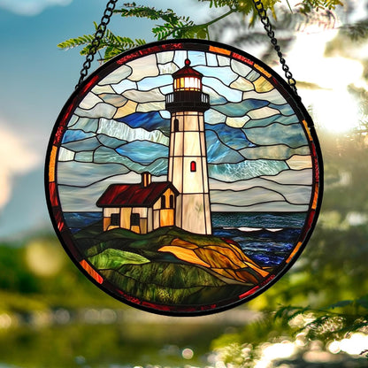 Stained Glass Window Hanging, Ocean Lighthouse Sun Catchers Glass Panel Blue Green Suncatcher Decor