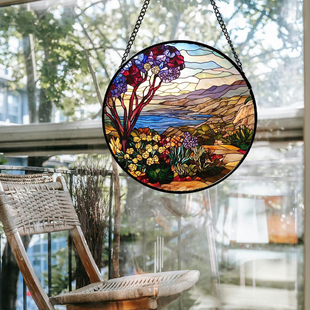 Stained Glass Window Hanging Retro Wildflowers Lake Mountain Scenery 9.8" - Suncatcher Door Garden