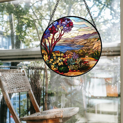 Stained Glass Window Hanging Retro Wildflowers Lake Mountain Scenery 9.8" - Suncatcher Door Garden