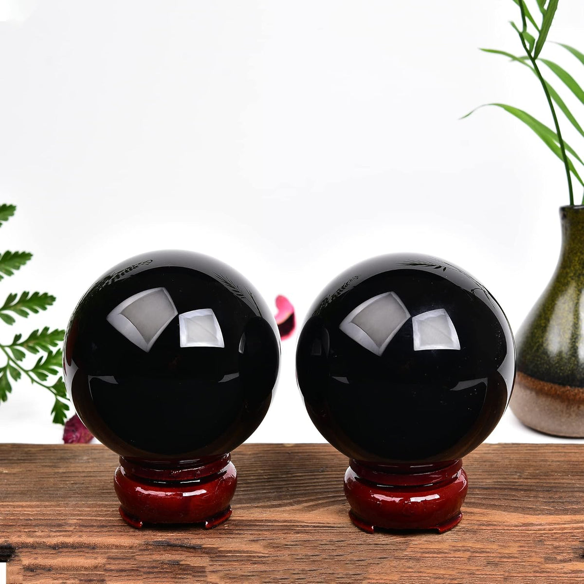JIC Gem Small Black Crystal Ball - Obsidian Sphere with Wooden Stand for Feng Shui Healing