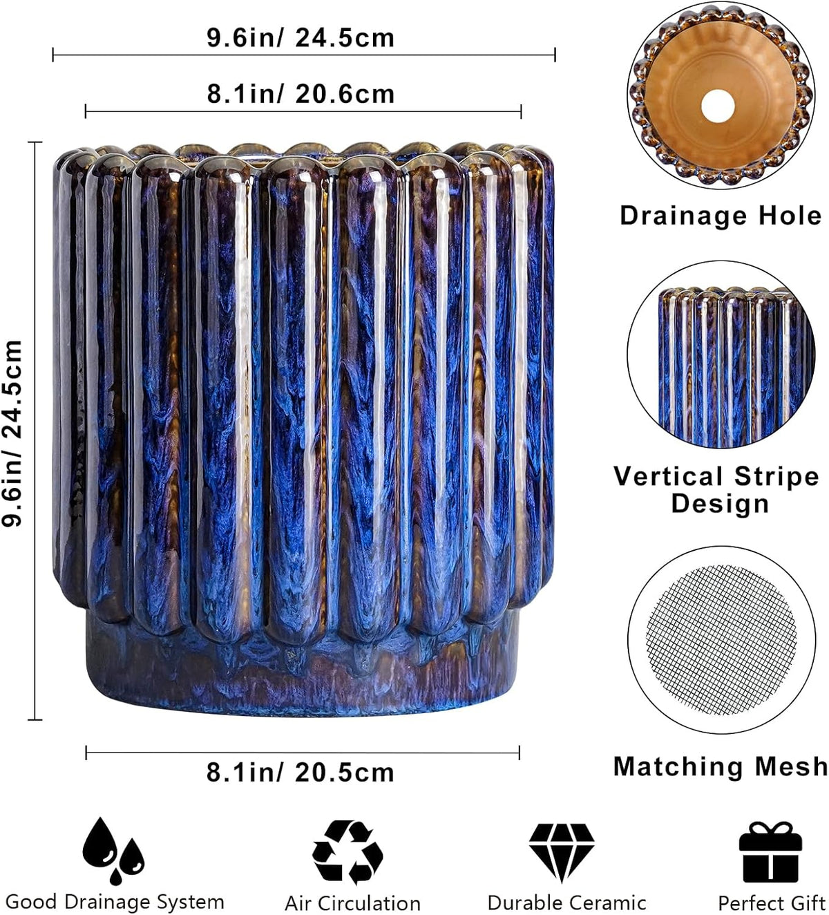 Ceramic Planter - 9.6 Inch Ceramic Plant Pots Indoor Outdoor, Round Flower Pots with Drainage Hole