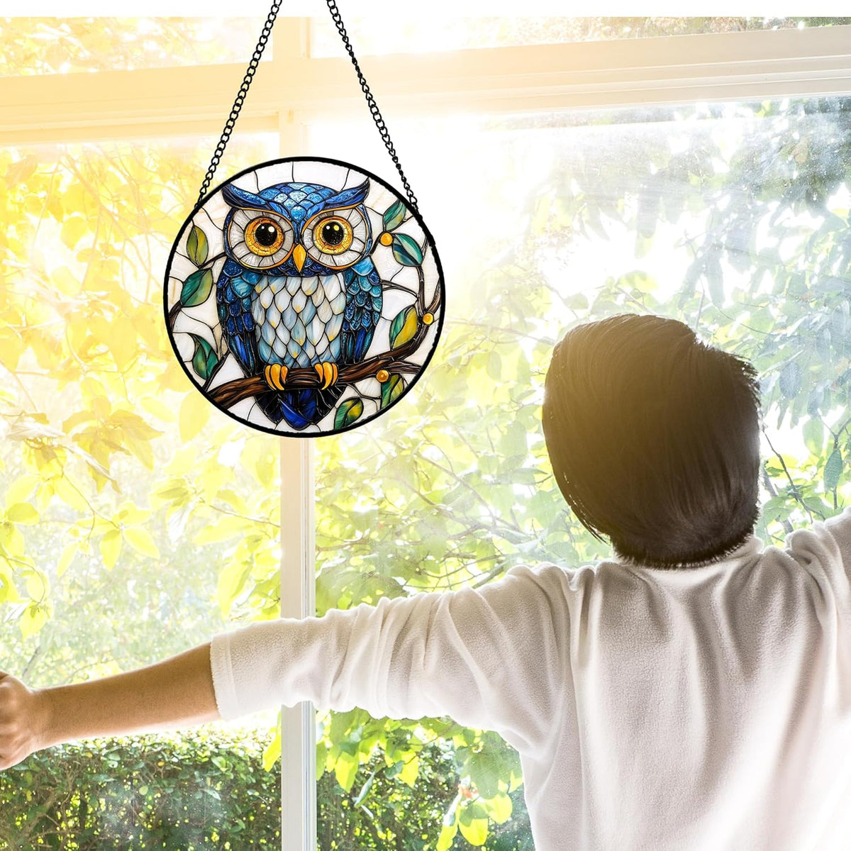 Stained Glass Window Hanging, Owl Gifts for Women Sun Catchers Diamond Glass Panel Hangings Birds