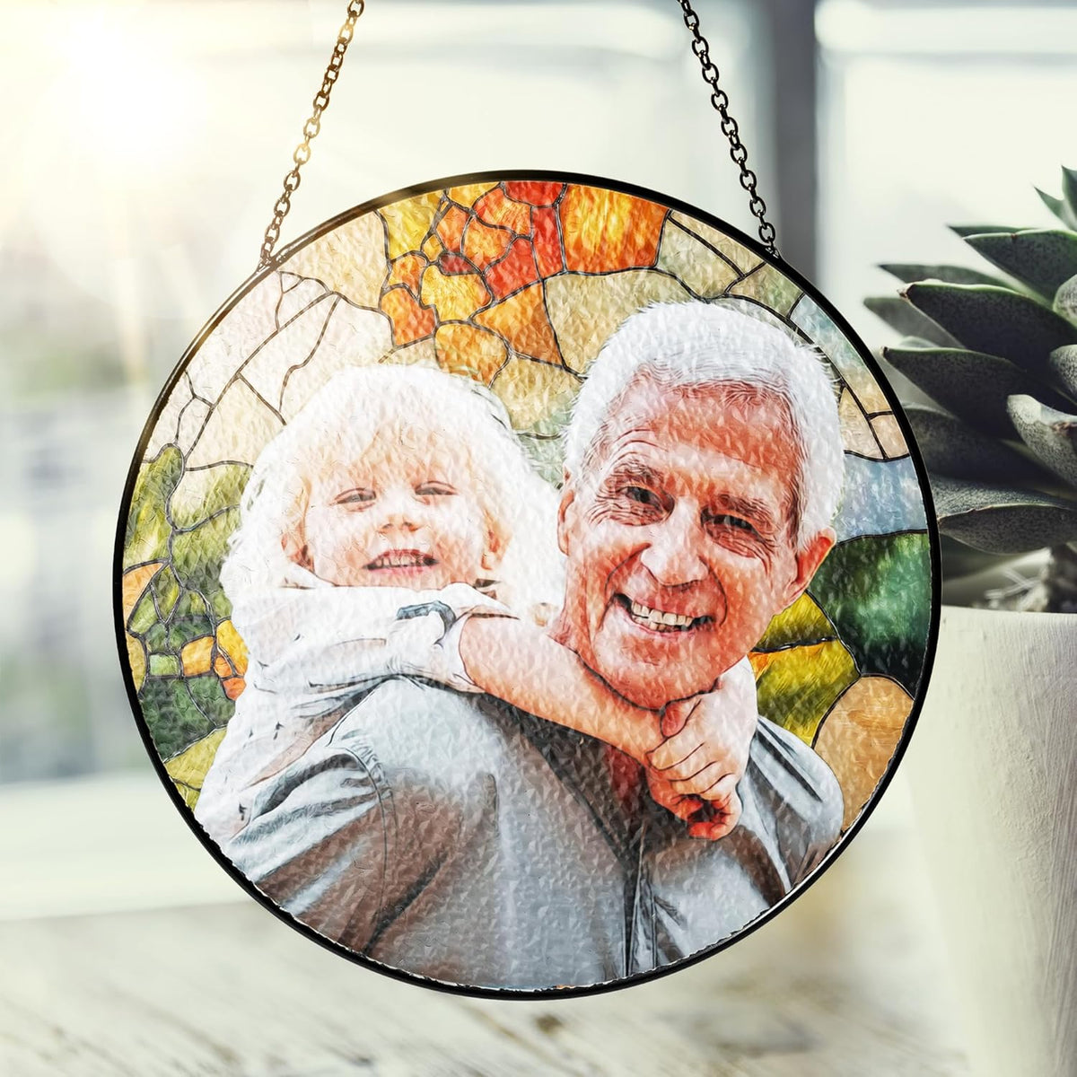 LOVELYPOD Personalized Grandma Stained Glass Sun Catcher, Photo Family Portrait Faux Window Hanging