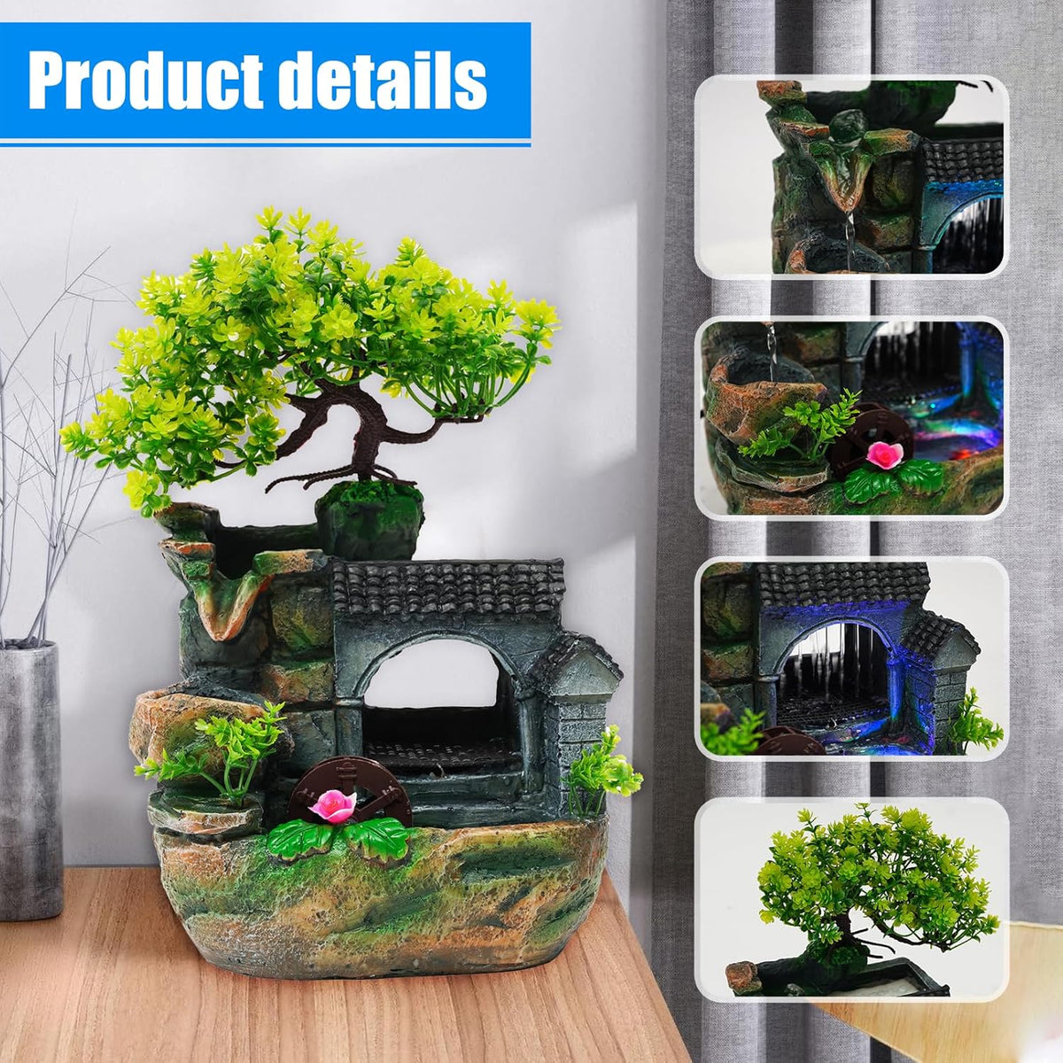 Tabletop Waterfall Fountain – 11 in Rockery Humidifier with Color-Changing LED Light, Adjustable