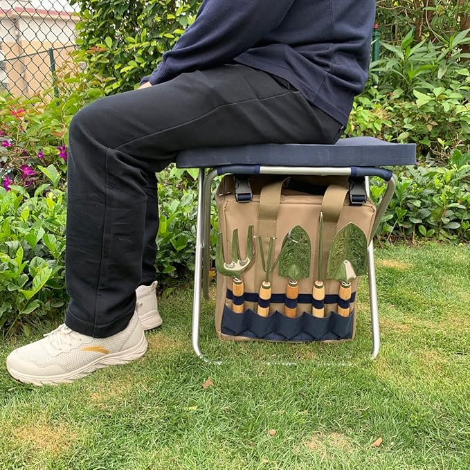 Garden Folding Gardener Stool with Gardening Tools Insulation Garden Bags Plus 5 Garden Tools and