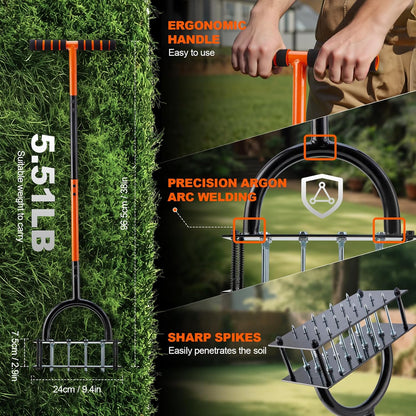 Bluesea Lawn Aerator Tool - 16 Iron Spikes with Ergonomic T-Handle, Automatic Dirt Clean for Soil