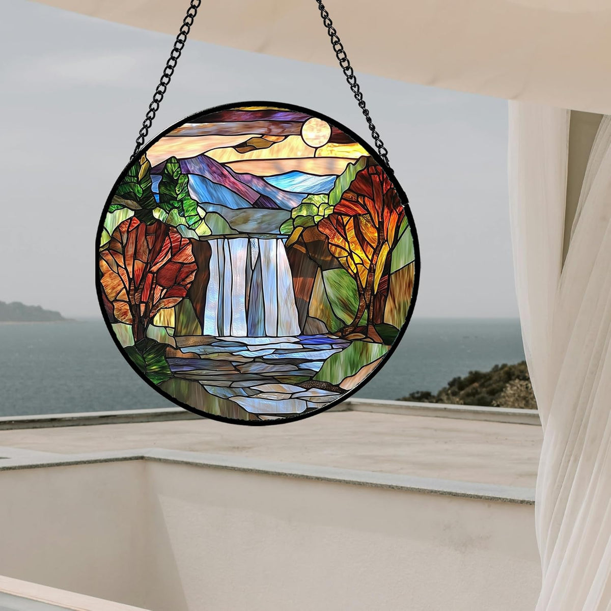 Stained Glass Window Hanging, Abstract Landscape Waterfall Mountains Trees Suncatcher for Doors