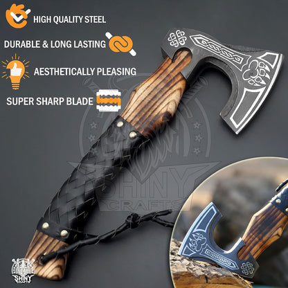 SHINY CRAFTS®- Decorative Viking Axe – Unique Gift for Dad Carbon Steel Blade with Leather Handle
