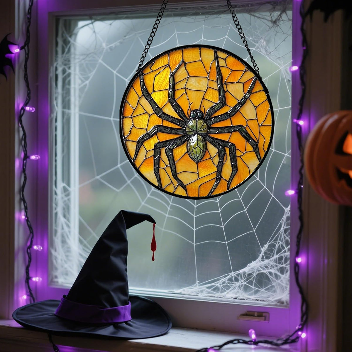 Stained Glass Window Hanging - Halloween Decorations Black Spider Suncatcher for Doors Garden
