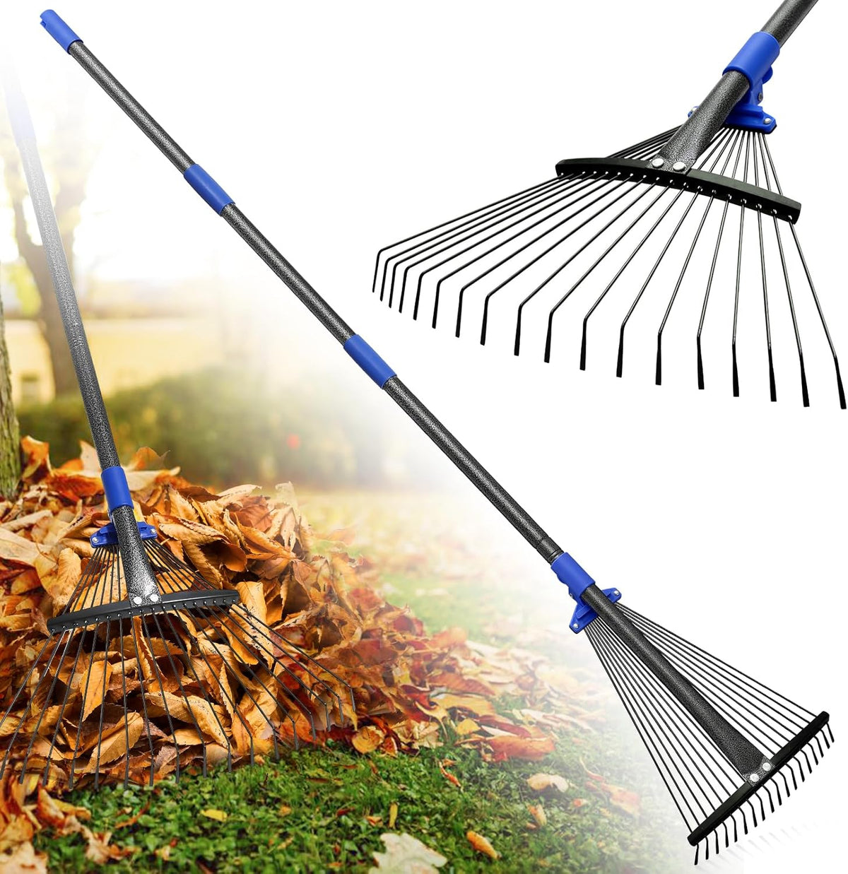 Rake for Leaves: Adjustable Metal Leaf Rake for Lawn, 8-17" Expandable Head, 45” Long