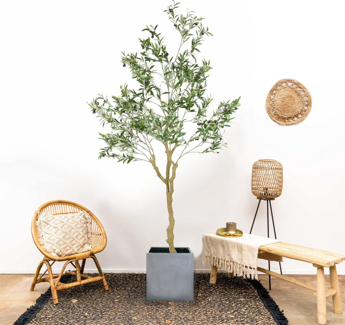 Tall Faux Olive Tree，7ft（84in） Realistic Potted Silk Artificial Indoor with Green Leaves and Big