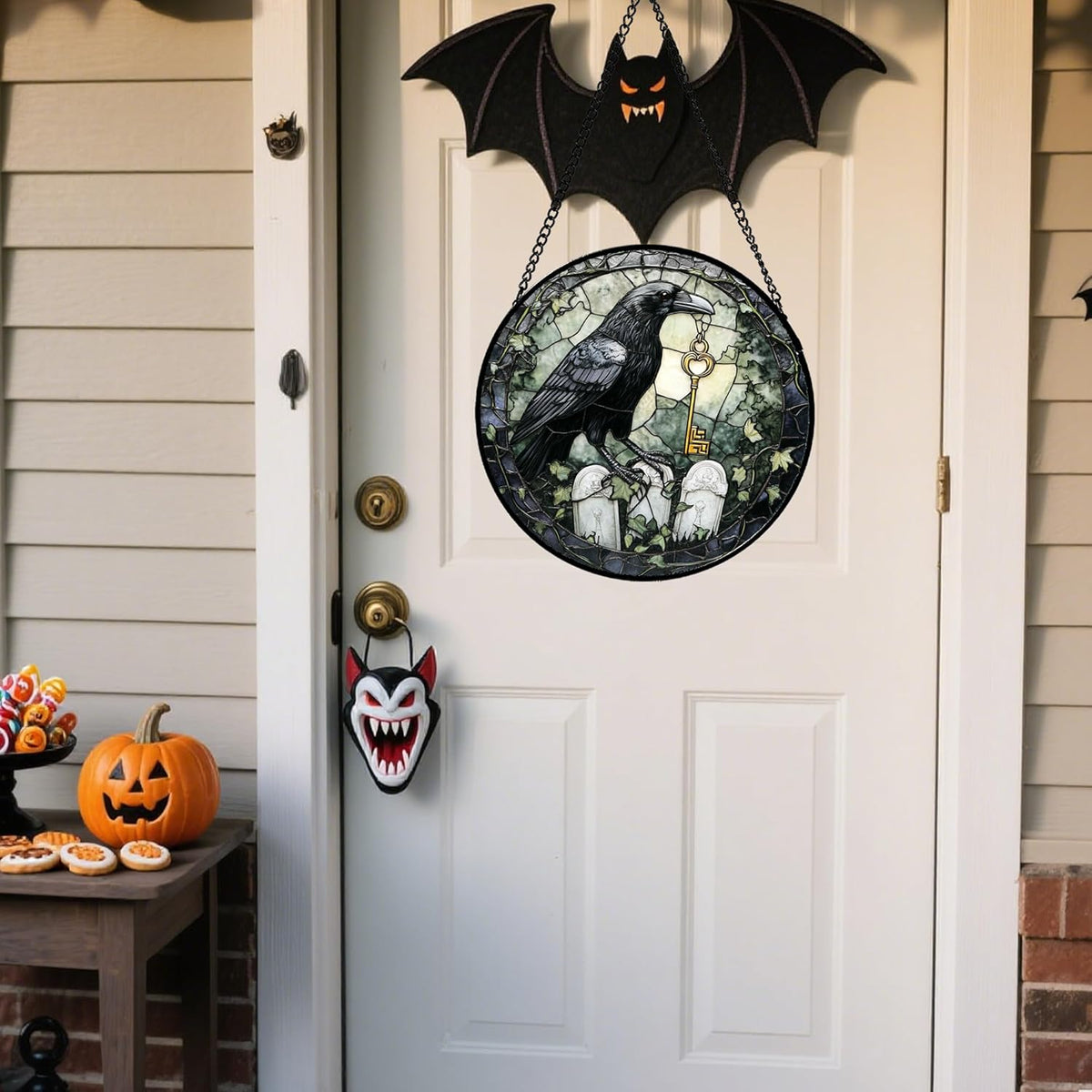 Stained Glass Window Hanging - Halloween Crow White Tombstone Suncatcher for Doors Garden Home
