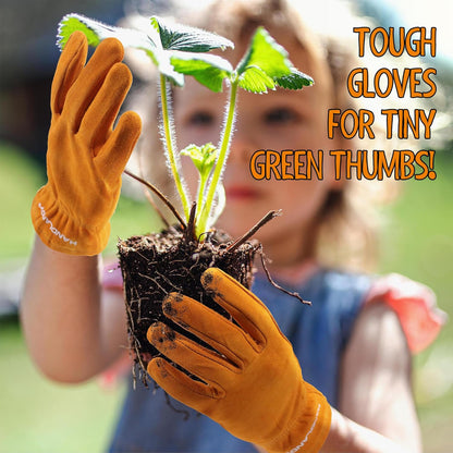 HANDLANDY 2 Pairs Kids Genuine Leather Work Gloves for ages 3-11, Children Gardening Gloves for