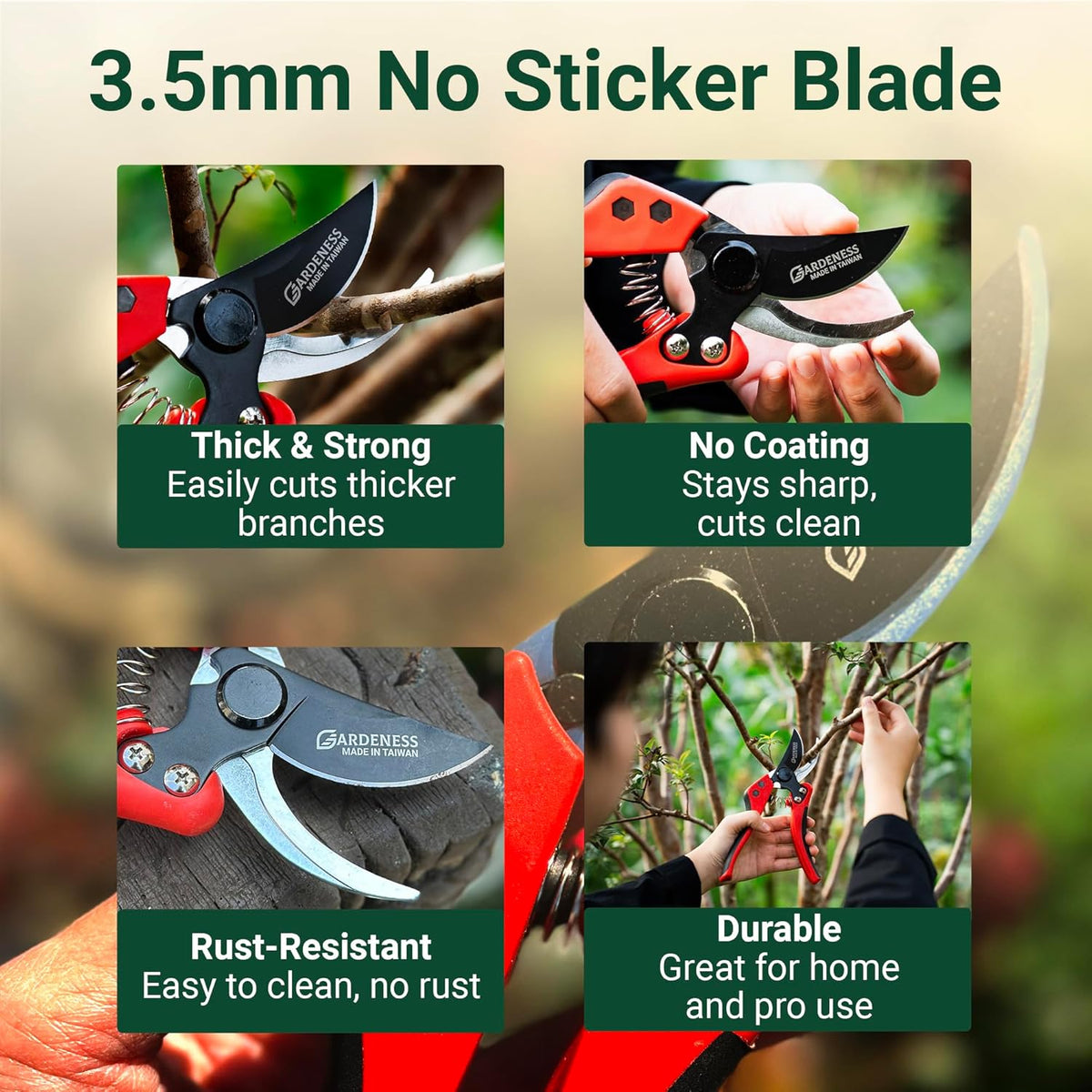 Gardeness Non-stick Coated Blade Bypass Pruning Shears-Garden Clippers For Gardening, Handheld