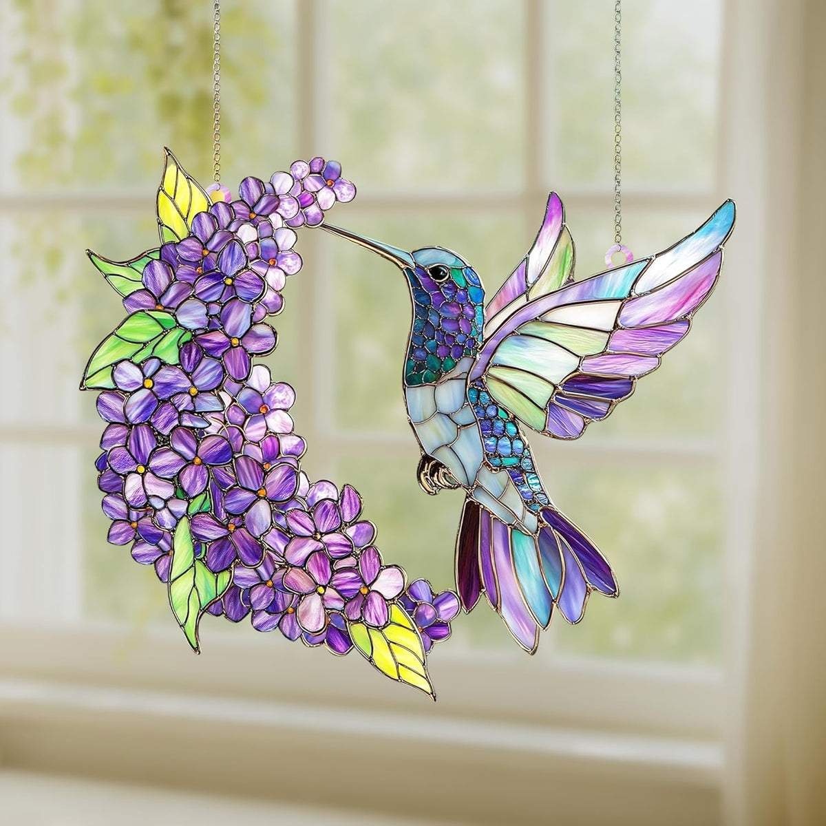 Purple Floral Hummingbird Acrylic Suncatcher Stained Glass Effect Window Car Hanging Christmas