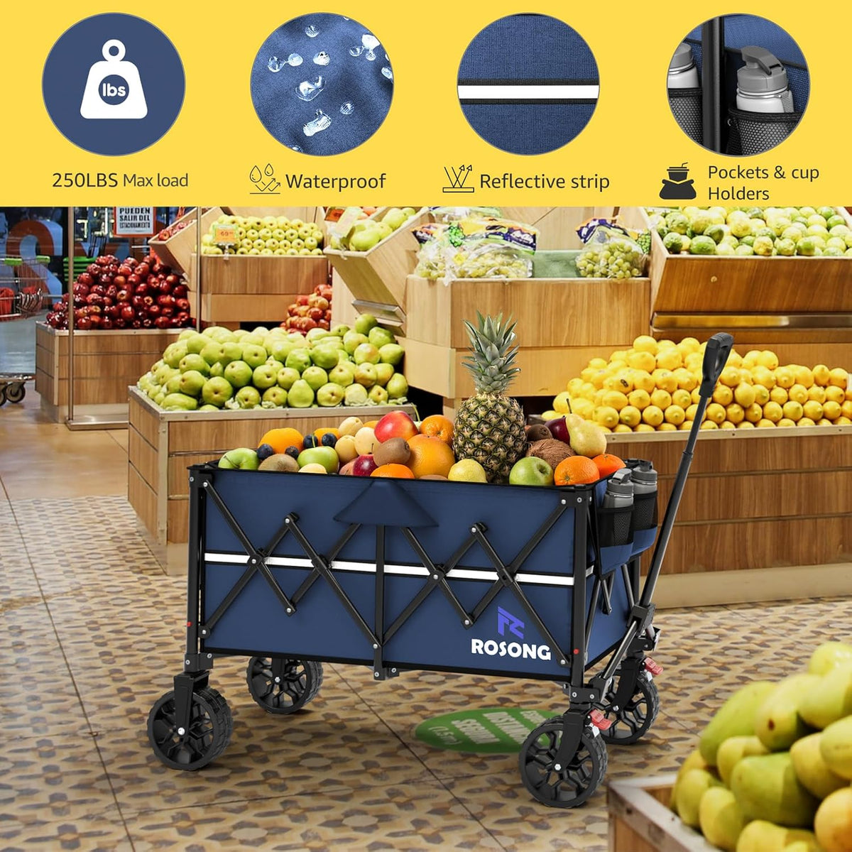 Collapsible Wagon Cart with Wheels Foldable - Folding Utility Heavy Duty Wagons Carts for Grocery