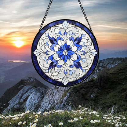 Stained Glass Window Hanging - Blue White Boho Flower Suncatcher for Door Garden Yard Sun Catchers
