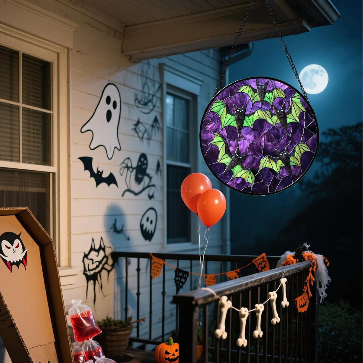 Stained Glass Window Hanging - Halloween Decorations Black Bat with Green Wings Suncatcher for