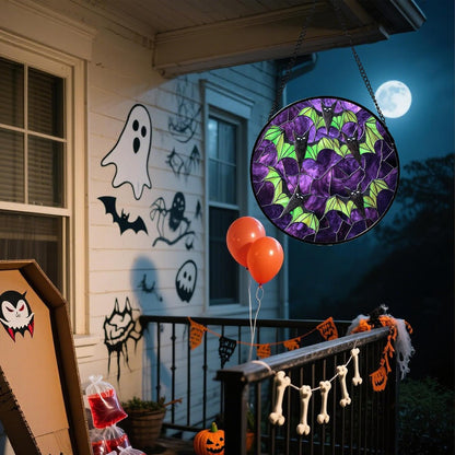 Stained Glass Window Hanging - Halloween Decorations Black Bat with Green Wings Suncatcher for