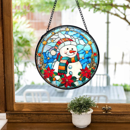 TNUW Snowman Christmas Stained Glass Window Hanging, Snowman Winter Xmas Flowers Sun Catchers