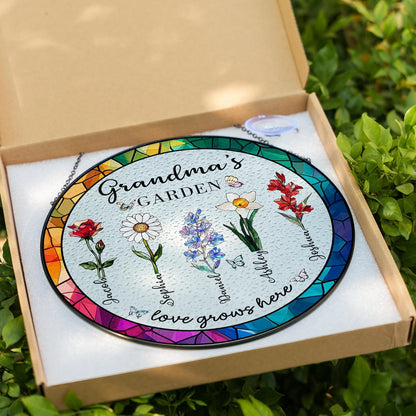 LOVELYPOD Custom Grandma Birth Flowers Stained Glass Window Sun Catcher, Grandmas Garden Sun