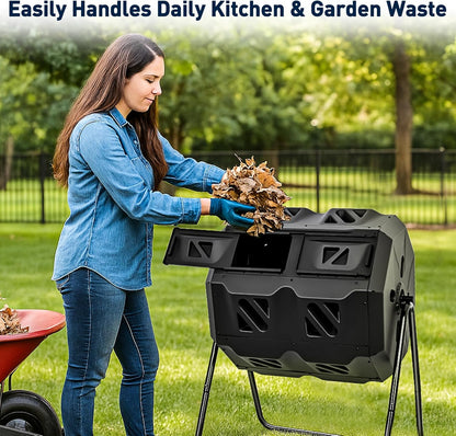Yesker Dual Chamber Compost Bin Outdoor, 43 Gallon Rotating Tumbling Composter with Sliding Doors