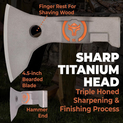 Titanium Camping Axe - 18" & 11.5" Wood Hickory Handles - Tomahawk Axe Hammer End - 2-Piece