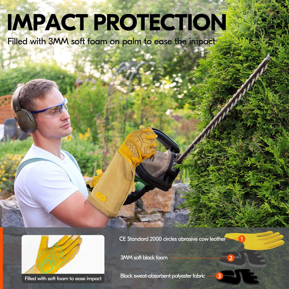 Vgo... Safety Work Gloves Men,Extra-long Cuff Thornproof,Premium Cow Grain Leather,Anti-abrasion