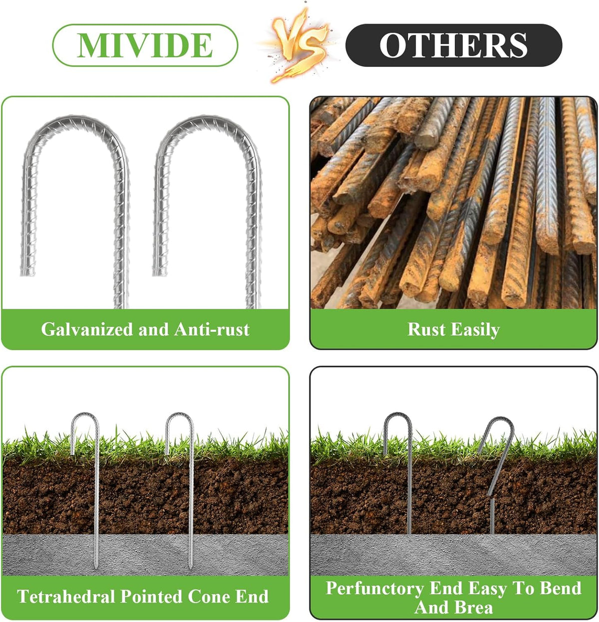 MIVIDE 30 Pack 12inch Galvanized Rebar Stakes J Hook, Heavy Duty J Hook Ground Anchors, Curved