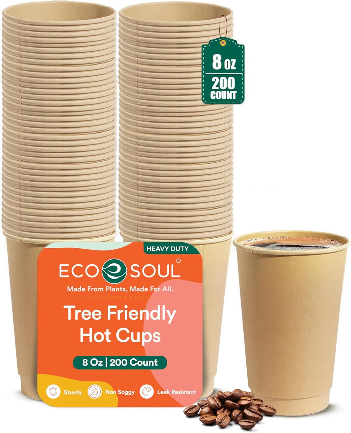 ECO SOUL 100% Compostable Plant-Based Hot Cups | 16oz, 12oz, 8oz | Disposable Bagasse Paper Cups |