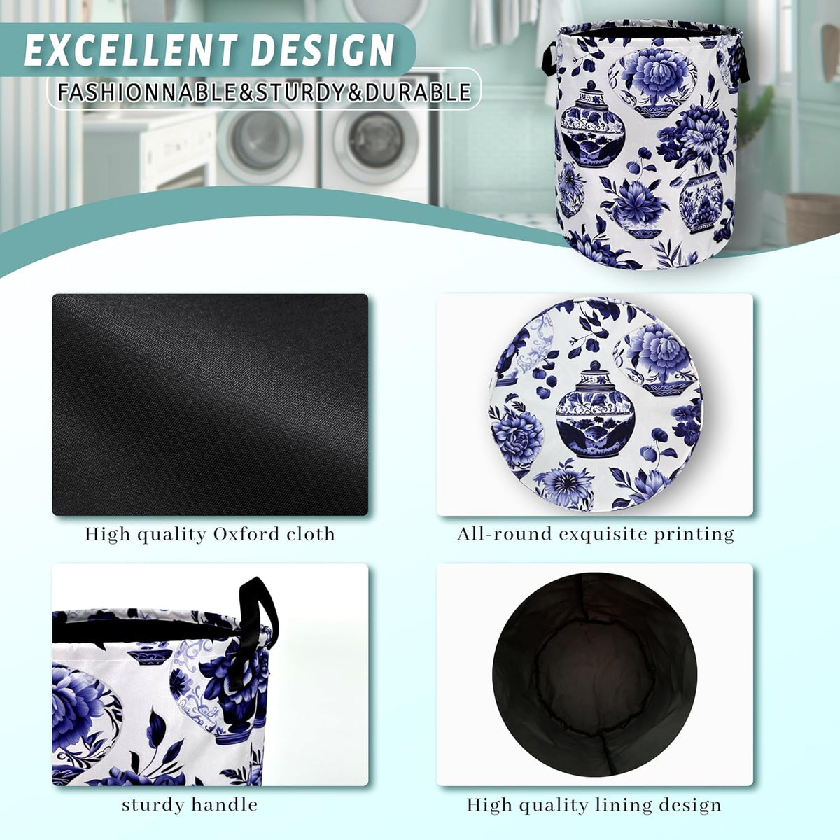 Blue White Floral Laundry Basket Foldable With Handles Vase Flower Tote Bag Oxford Cloth Color