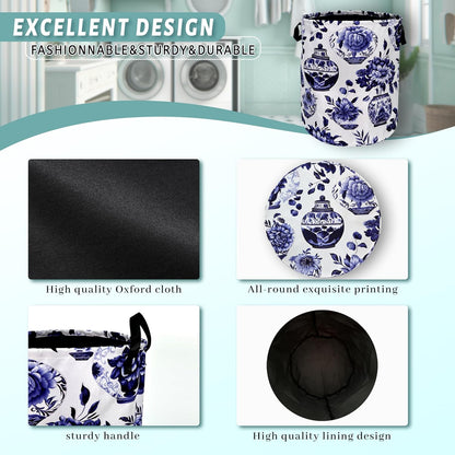 Blue White Floral Laundry Basket Foldable With Handles Vase Flower Tote Bag Oxford Cloth Color