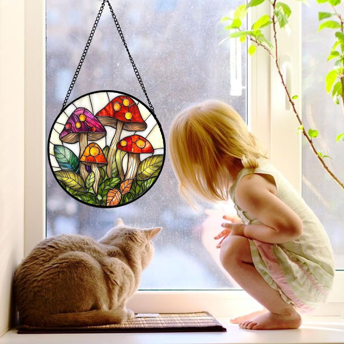 Stained Glass Window Hanging, Mushroom Leaves Suncatcher for Doors Home Sun Catchers Decoration and