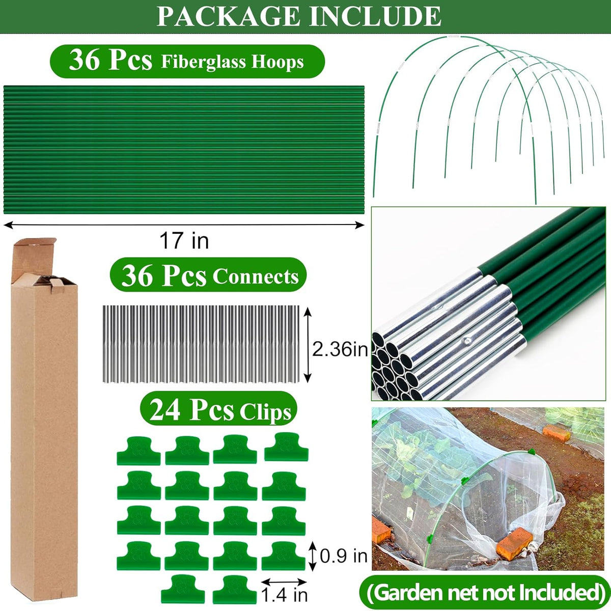 Greenhouse Hoops Grow Tunnel 6 Sets of 8FT Long Garden Hoops, Rust-Free Fiberglass Garden Hoops