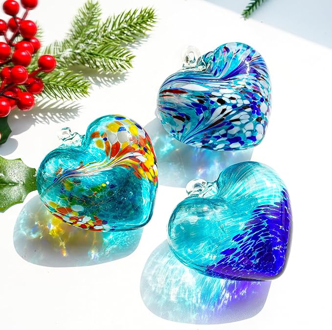 Set of 3 Handmade Glass Heart Ornaments 3.9 Inch Blue Friendship Heart Decor for Garden Home
