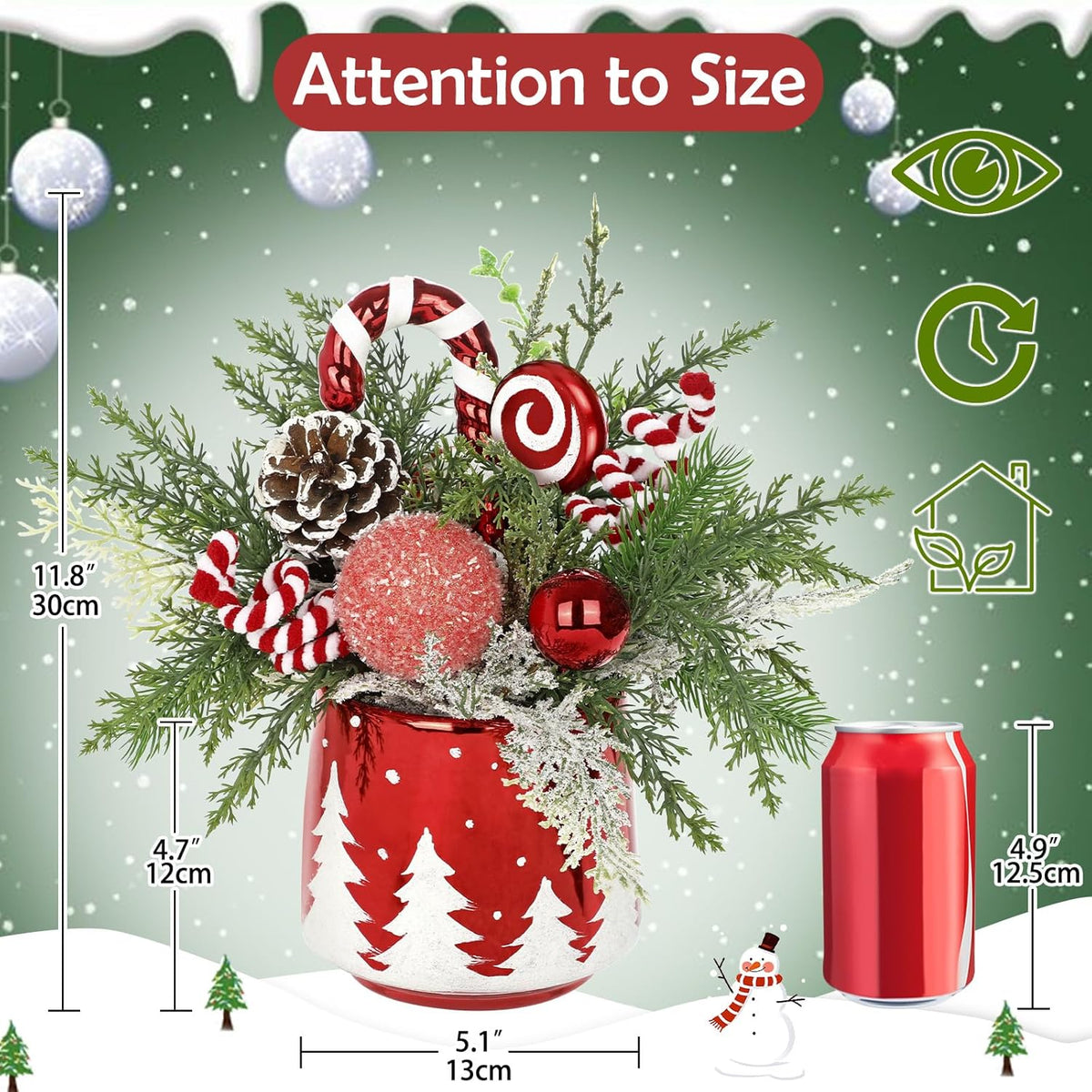 Christmas Centerpieces for Tables, Small Christmas Table Arrangements with Ceramic Vase Red & White