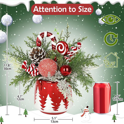 Christmas Centerpieces for Tables, Small Christmas Table Arrangements with Ceramic Vase Red & White