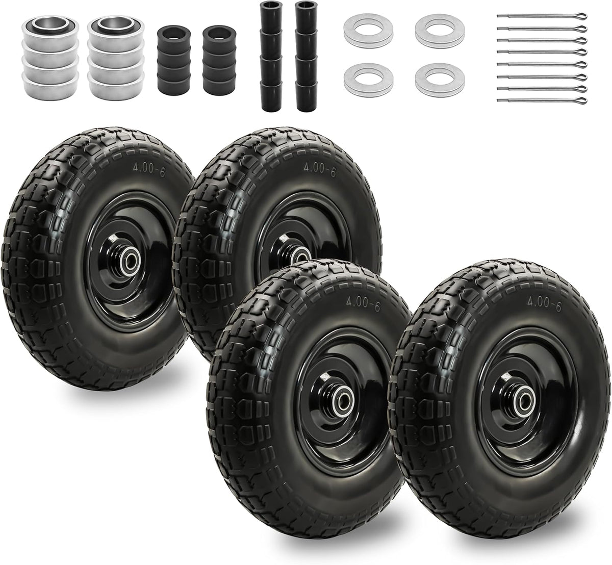 4PC 4.00-6 Flat-Free Tires and Wheels,13" Rubber Solid Tire, with 5/8" & 3/4" Bearing, 1.8"-5.8"