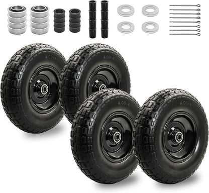 4PC 4.00-6 Flat-Free Tires and Wheels,13" Rubber Solid Tire, with 5/8" & 3/4" Bearing, 1.8"-5.8"