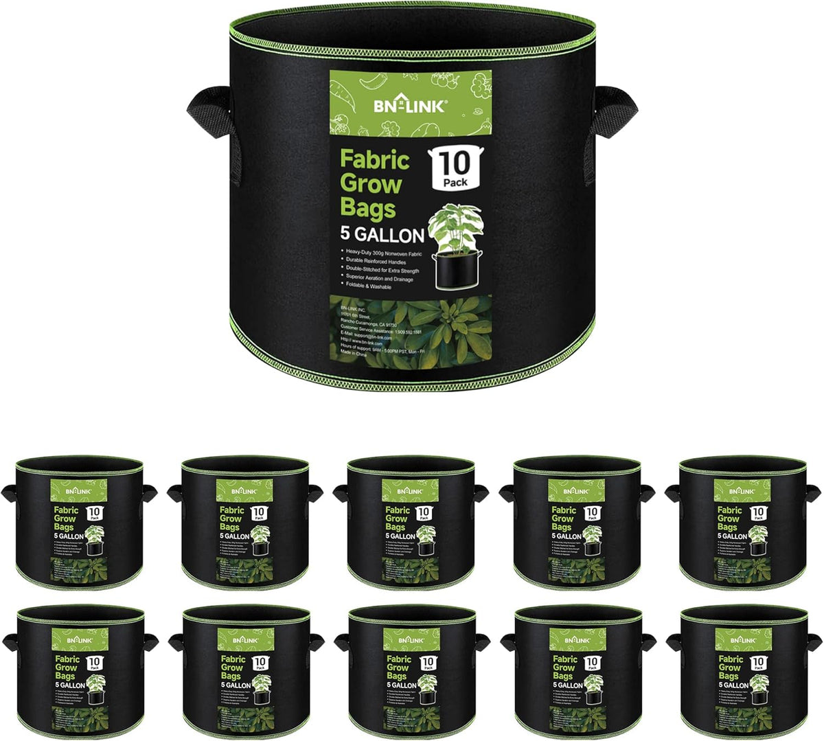 BN-LINK 10-Pack 5 Gallon Grow Bags, Heavy Duty Aeration Fabric Pots with Handles, Thickened