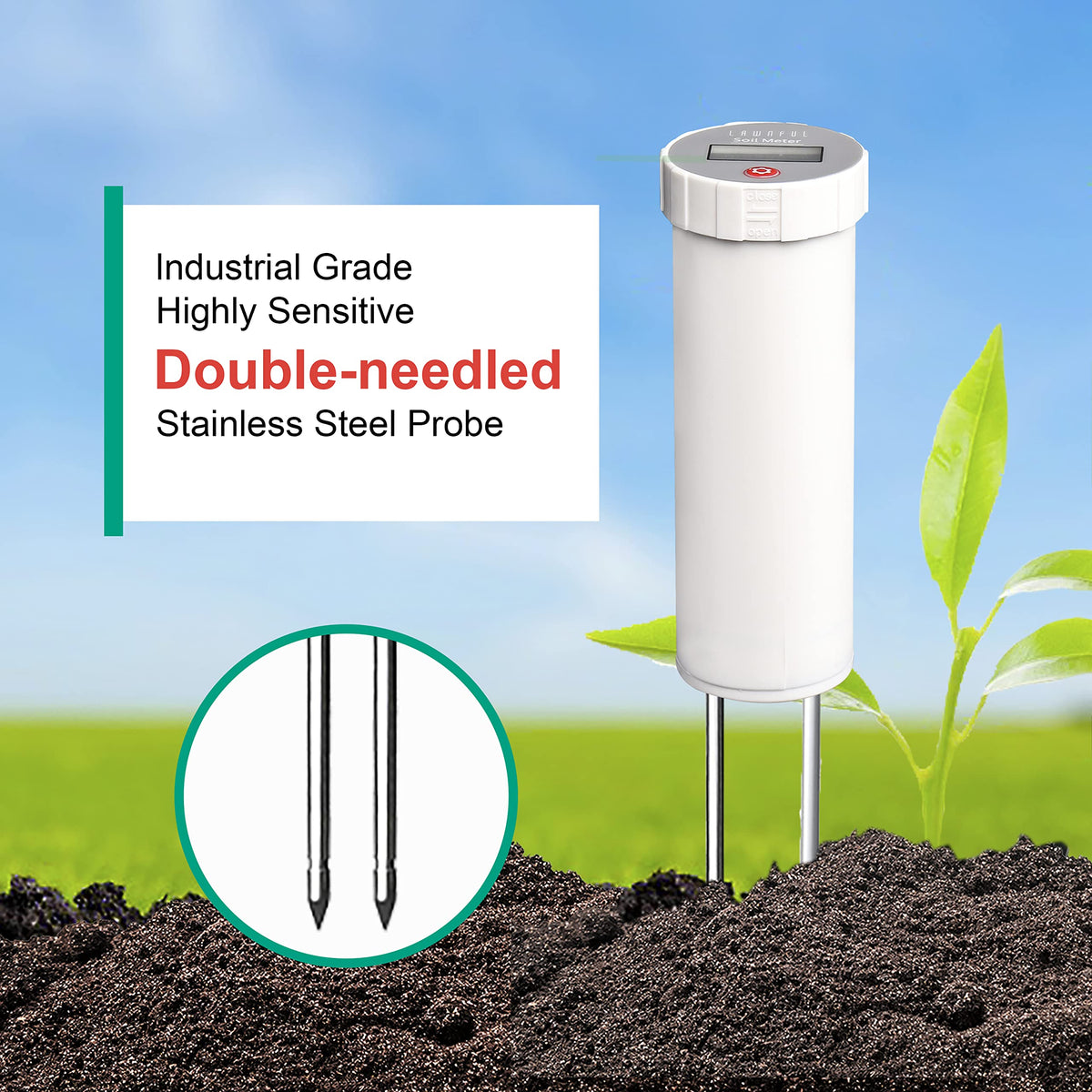 LAWNFUL Digital Soil pH Meter, Industrial Grade Soil pH Tester with Calibration-Free LCD Display